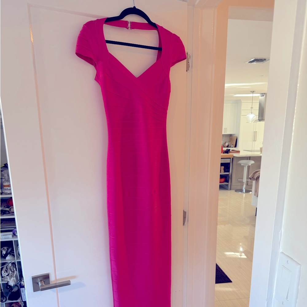 Herve ledger fitted maxi dress pink XS